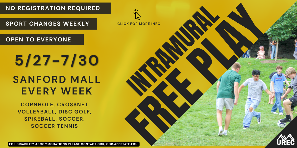 UREC Intramural Free Play on Sanford Mall each week. Sports rotate weekly and are open to anyone.